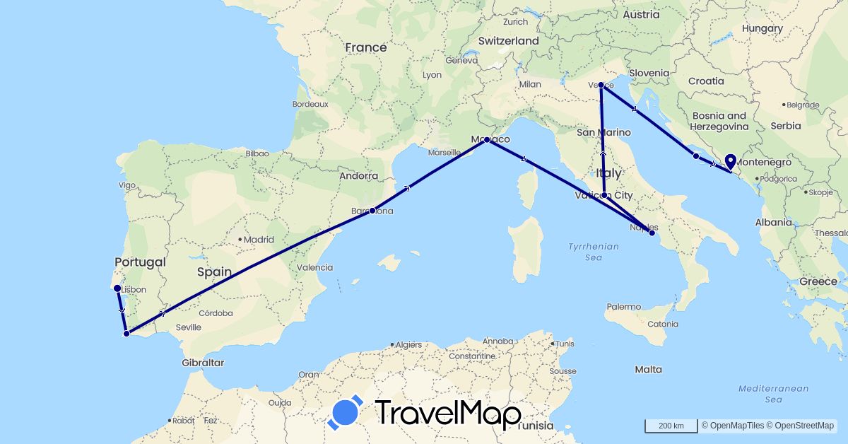 TravelMap itinerary: driving in Spain, France, Croatia, Italy, Portugal (Europe)